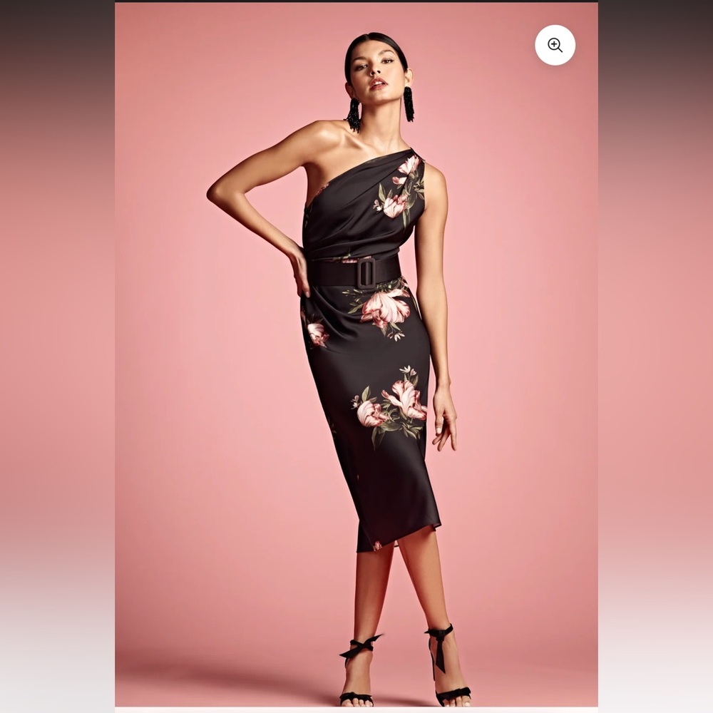 Cocktail Dress - Floral One-Shoulder Black Dress